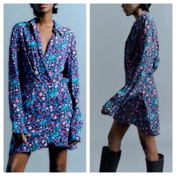 ZARA New Floral Print V-Neck Satin Effect Wrap size XS - Picture 1 of 10
